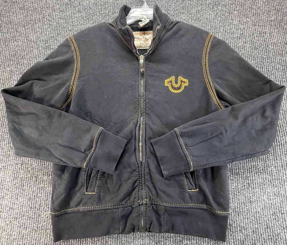 True Religion Zip Up Track Jacket Mens L Gray Logo Embroidered Y2K Streetwear